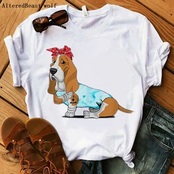 Basset Hound Dog T-shirt Moterims, Harajuku aš Myliu Mama Spausdinti Bandana trumpomis Rankovėmis Marškinėlius Vasarą Moterys Grafinis Viršūnes Moterų Marškinėliai