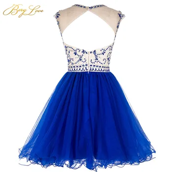 BeryLove Royal Blue Trumpas Homecoming Suknelė 2020 Kristalų Liemenė Pynimas Sijonas Spalvinga Trumpa Suknelė Mergina Šalies Prom Baigimo Suknelė