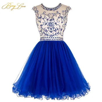 BeryLove Royal Blue Trumpas Homecoming Suknelė 2020 Kristalų Liemenė Pynimas Sijonas Spalvinga Trumpa Suknelė Mergina Šalies Prom Baigimo Suknelė