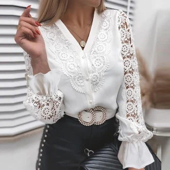 Biuro Ponios Elegantiškas V Kaklo Palaidinės, Marškinėliai Atsitiktinis Balta Nėrinių Mygtuką Ilgomis Rankovėmis Marškinėliai Topai Mados Moterų Kratinys Slim Blusas