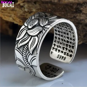 BOCAI S999 gryno sidabro žiedus lotus širdies Tailando sidabro žiedas retro vyrų mados lotus papuošalai platus versija reguliuojamo dydžio žiedas