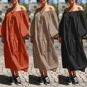 Bohemijos Summer Maxi Dress Moterų Off Peties Sundress ZANZEA 2021 Atsitiktinis Sluoksniuotos Rankovėmis Pynimas Plus Size Vestidos Kietas Apdaras 5XL