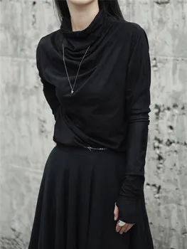 Cakucool Naujų Rudens marškinėlius Moterims ilgomis Rankovėmis Golfo Slim Suede Vilnos Marškinėliai Harajuku Minimalus Black Marškinėliai, Topai Femme