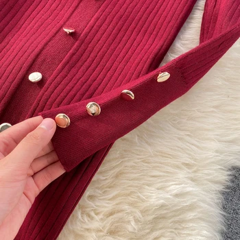 Croysier Žiemos Megztinis Suknelė Moterims Sluoksniuotos Long Sleeve V-Kaklo Mygtuką Derliaus Elegantiškas Megztas 