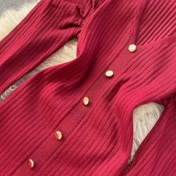 Croysier Žiemos Megztinis Suknelė Moterims Sluoksniuotos Long Sleeve V-Kaklo Mygtuką Derliaus Elegantiškas Megztas 