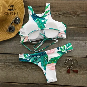 CUPSHE Vandenyno Ritmais Palmių Spausdinimo Bakas Thong Bikini Rinkinys Moterims Seksualus Dviejų dalių Maudymosi 2021 Merginų Paplūdimio Maudymosi Kostiumai, maudymosi Kostiumėliai,
