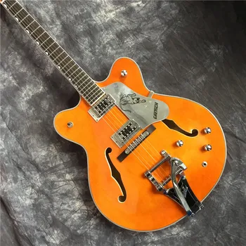 Custom Shop pusiau tuščiaviduriai įstaiga, oranžinė-geltona Džiazo 335 elektrinė gitara aukso aparatūros, dukart F skyles, aukščiausios kokybės