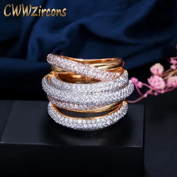 CWWZircons Prabangos Dizaineris 3 Tonų Aukso Geometrijos Kubinių Zironium Didelis Vestuvės Vestuvinis Nuotakos Piršto Žiedas Papuošalai Priklausomybės R059