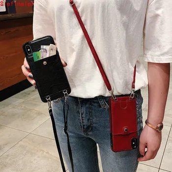 Daugiafunkcis Crossbody grandinės maišelį virvelę paprasta kortelės, piniginės, odiniai telefono dėklas skirtas iphone 11 pro max 11pro XS X XR 6s 7 8 Plius
