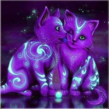 Diamond Mozaikos Violetinė liuminescencinės katė 5D Diamond tapybos kryželiu kristalų aikštėje Grąžtų komplektas namų dekoro 