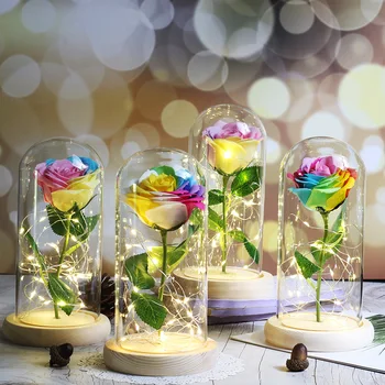 Dirbtinių Gėlių LED Lempos Spalvotų Rožių Žiedų Stiklo Lemputės Aukso Kolbą Muilo Gėlių Valentino Dienos Dovana Kalėdų dovana