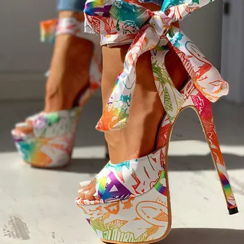 Doratasia 2020 m sexy batai Spausdinti super plonas aukšti kulniukai Batai, sandalai moterims Vasarą Šalies platformos kulkšnies-wrap Moteris sandalai moteriška