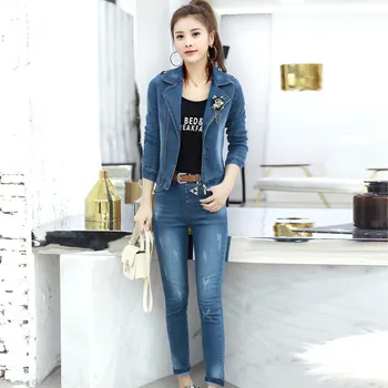 Dviejų dalių džinsai rinkiniai moterims 2018 sping mados ilgomis rankovėmis Trumpą striukę ir Pieštuką, kelnės moteriška džinsinio rinkiniai IOQRCJV H426