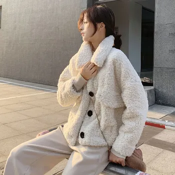 Elegantiškas Moteris Dirbtiniais Kailių Paltai Streetwear Rudenį, Žiemą Smėlio Spalvos Imitacija Ėriukų Vilna Pliušinis Mados Kailio Paltas Moteriška Šalis 2020 M.