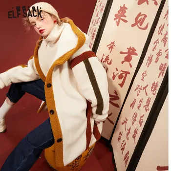 ELFSACK Originalus Grafinis Vieną Krūtinėmis Tiesiai Vilnos Paltai Moterims,2020 M. Žiemos Derliaus korėjos Negabaritinių Ponios Kasdien Šiltas Outwear