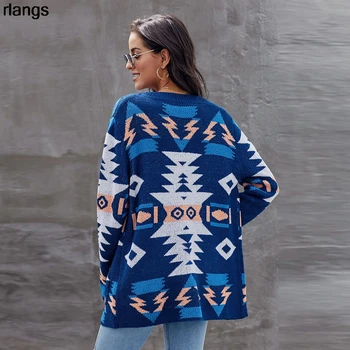 Europos Ir Amerikos Plius Dydžio, Rudens/Žiemos Džemperis Moterims Geometrinis Modelis Su Kišenėmis Vidutinio Ilgio Megzti Megztinis Moterims