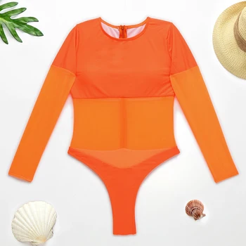 Fors seksualus vienas gabalas kostiumas moterims neon Orange vientisas maudymosi kostiumėlis moterų ilgomis rankovėmis monokini Akių bodysuit užtrauktukas maudymosi kostiumas naujas