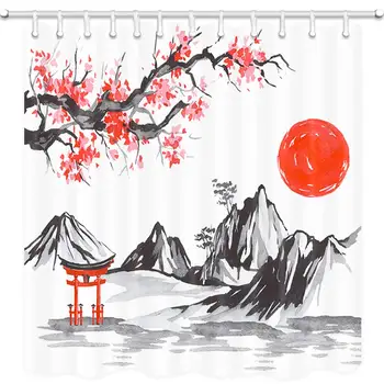 Fuji Kalnas Sakura Saulėlydžio Azijos Akvarelės Dažų Paveikslėlį Vonios Užuolaidos