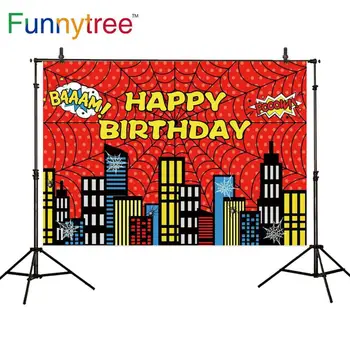 Funnytree Gimtadienio Fonas Berniuko, Super Voras Herojus Interneto Pastatas Naktį Reklama Fotografijos Foną, Photocall