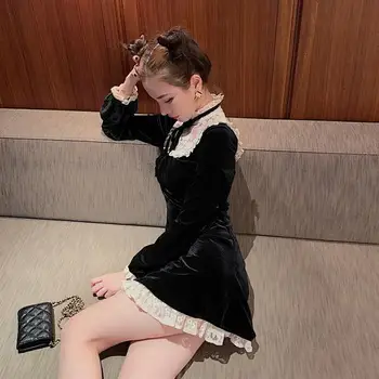 Gothic Lolita Dress Juodo Aksomo Mezgimas Nėriniai-up Kratinys Temperamentas Viktorijos prancūzijos Stovėti Apykaklės Aksomo Mini Suknelė