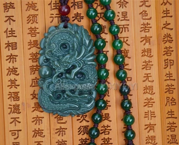 Gražus Rankų Darbas Gamtos Tamsiai Žalia HeTian Jade Raižyti Dragon Pasisekė Amuletas Pakabukas + Nemokamas Karoliai Sertifikatą Fine Jewelry