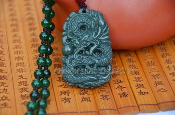 Gražus Rankų Darbas Gamtos Tamsiai Žalia HeTian Jade Raižyti Dragon Pasisekė Amuletas Pakabukas + Nemokamas Karoliai Sertifikatą Fine Jewelry
