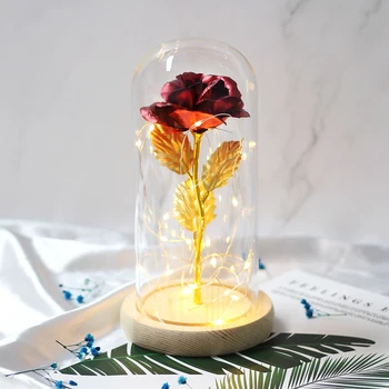 Grožio ir Žvėrys Rožių Žiedų Stiklo Kupolas su LED Šviesos Medienos Bazės Romantiška Valentino Dienos, Gimtadienio Dovana