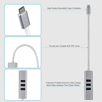 GTMEDIA Adapteris USB Ethernet USB 3.1 c/m 3USB3.0+RJ45 Hub 10/100/1000M Adapteris, skirtas 
