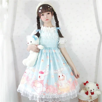 Harajuku Kawaii Girl Saldus Lolita Dress Senovinių Nėrinių Bowknot Mielas Spausdinimo Aukšto Juosmens Kawaii Suknelė Loli Gothic Lolita Cos Jsk
