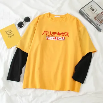 Harajuku Visą Rankovėmis T-shirt Moterims, Negabaritinių Draugu letter spausdinimo viršuje pavasarį, O rudenį-kaklo Kratinys geltonos spalvos moteriški marškinėliai