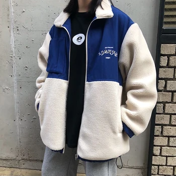 HWLZLTZHT Kratinys Žiemos Striukė, Šiltas ėriukų vilna Kailis Harajuku Streetwear Boyfriend stiliaus Švarkas