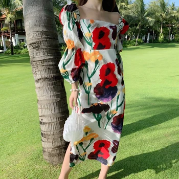 Ilgai Gėlių Spausdinti Derliaus Moterų Suknelė Vasaros Elegantiškas Plonas Šalis Atostogų Paplūdimyje Wrap Dress Boho Korėjos Kilimo Ir Tūpimo Tako 2020 Pieštuku Suknelė