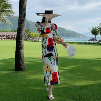 Ilgai Gėlių Spausdinti Derliaus Moterų Suknelė Vasaros Elegantiškas Plonas Šalis Atostogų Paplūdimyje Wrap Dress Boho Korėjos Kilimo Ir Tūpimo Tako 2020 Pieštuku Suknelė