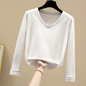 Ilgomis Rankovėmis 2020 V-Kaklo Medvilnės Pagrindinio T marškinėliai Moterims Rudens, Žiemos, Juoda Balta T Shirts Camiseta atsitiktinis mados Korėja Paprasta Viršūnės