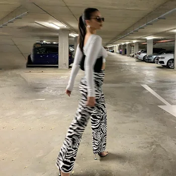InstaHot Moterų Blyksnius Ziajać Gyvūnų Spausdinti Aukštos Juosmens Rudenį Streetwear Kelnės 2020 Mados Minkštas Moterų Dryžuotas Pantalones