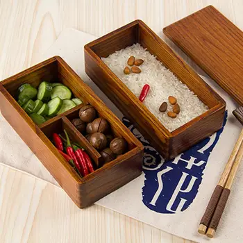 Japonijos Stačiakampio Dvigubo Sluoksnio Medinis Skyriaus Priešpiečių Dėžutė Suši Bento Box Nešiojamų Maisto Konteineryje Vaikams Rinkinys
