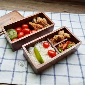 Japonijos Stačiakampio Dvigubo Sluoksnio Medinis Skyriaus Priešpiečių Dėžutė Suši Bento Box Nešiojamų Maisto Konteineryje Vaikams Rinkinys