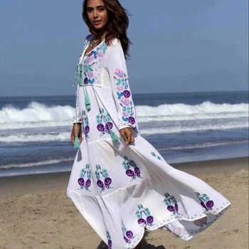 Jastie Gėlių Aplikacija Maxi Suknelė Kutas V-Kaklo, Ilgomis Rankovėmis Rudenį Boho Suknelė Vintage Hiipie Prabangus Paplūdimio Suknelės Vestidos 2020 M.