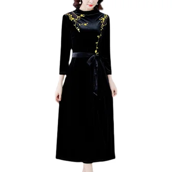 JiuMeiDai Moterys Pavasarį, Rudenį Aksomo Suknelė Office Lady Elegantiška Siuvinėjimas Ilgos Suknelės Moteriška Mada Šalies Drabužių Plius Dydis