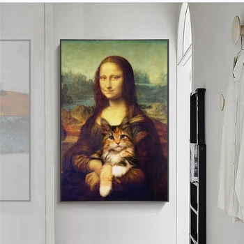 Juokinga Meno Mona Lisa turinti Katė Drobės, Paveikslai Ant Sienų, Menas, Plakatų Ir grafikos Da Vinci Garsaus Meno Nuotraukas Cuadros