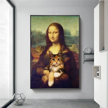 Juokinga Meno Mona Lisa turinti Katė Drobės, Paveikslai Ant Sienų, Menas, Plakatų Ir grafikos Da Vinci Garsaus Meno Nuotraukas Cuadros