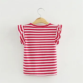Jūreivis stiliaus mergaičių marškiniai, vasaros, mėlyna/raudona balta juostele raukiniai, nėriniai trumpas rankovės vaikiška palaidinė viršūnės vaikai