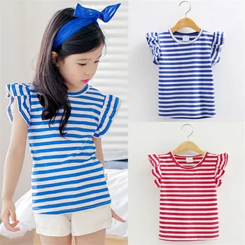 Jūreivis stiliaus mergaičių marškiniai, vasaros, mėlyna/raudona balta juostele raukiniai, nėriniai trumpas rankovės vaikiška palaidinė viršūnės vaikai