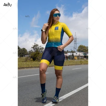 Kafitt Geltona mėlyna Trumpos Rankovės Pora dviračių Triatlonas tiktų Dviračių Skinsuit Maillot Ropa Ciclismo MTB dviratį jumpsuit vasaros