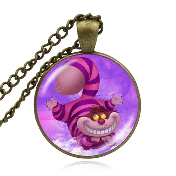 KARAIRIS Retro Animacinių filmų Rožinė Cheshire Cat Karoliai Alice In Wonderland Stiklo Apvalus Pakabukas Karoliai Moterų Mergina Mados Jewelelry
