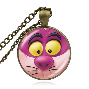 KARAIRIS Retro Animacinių filmų Rožinė Cheshire Cat Karoliai Alice In Wonderland Stiklo Apvalus Pakabukas Karoliai Moterų Mergina Mados Jewelelry