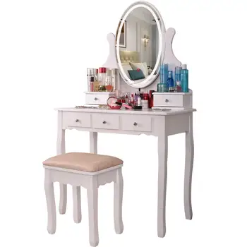 KingYee šiuolaikinės tualetinis staliukas namų miegamajame tualetinis staliukas MDF makiažo veidrodis su LED veidrodis stalčių užraktas išmatose