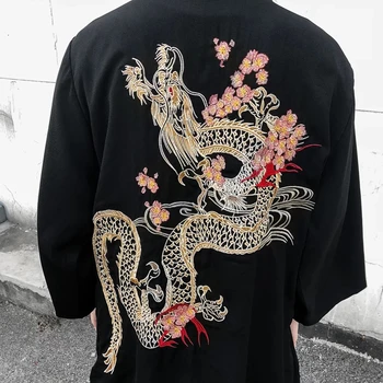 Kinijos Harajuku Japonijos vyšnių dragon siuvinėjimo kimono megztinis, apsaugančius nuo saulės drabužius pora gatvės mados ilgai kimono megztinis