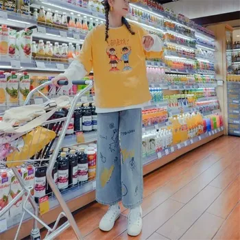 Korėjos Džinsai Moterims Streetwear Mielas Tiesūs Džinsai Femme Vasaros Mėlyna Krovinių Kelnės Kietas Streetwear Harajuku Laisvi Džinsai Moteriška