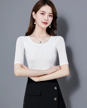 Korėjos Elastingumą Akies T-Shirt Moterims, Harajuku Vasaros Golfo marškinėliai Moterims Derliaus Office Lady Tshirts Balta Plius Dydis XXXL